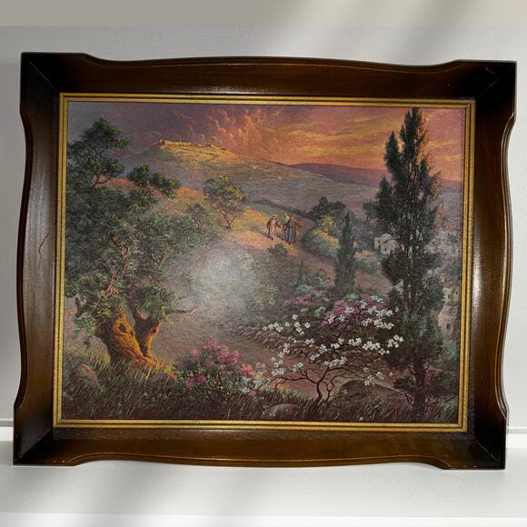 Vintage Framed Landscape Print — Sunset Hillside Scene with Travelers - Picture 2 of 6